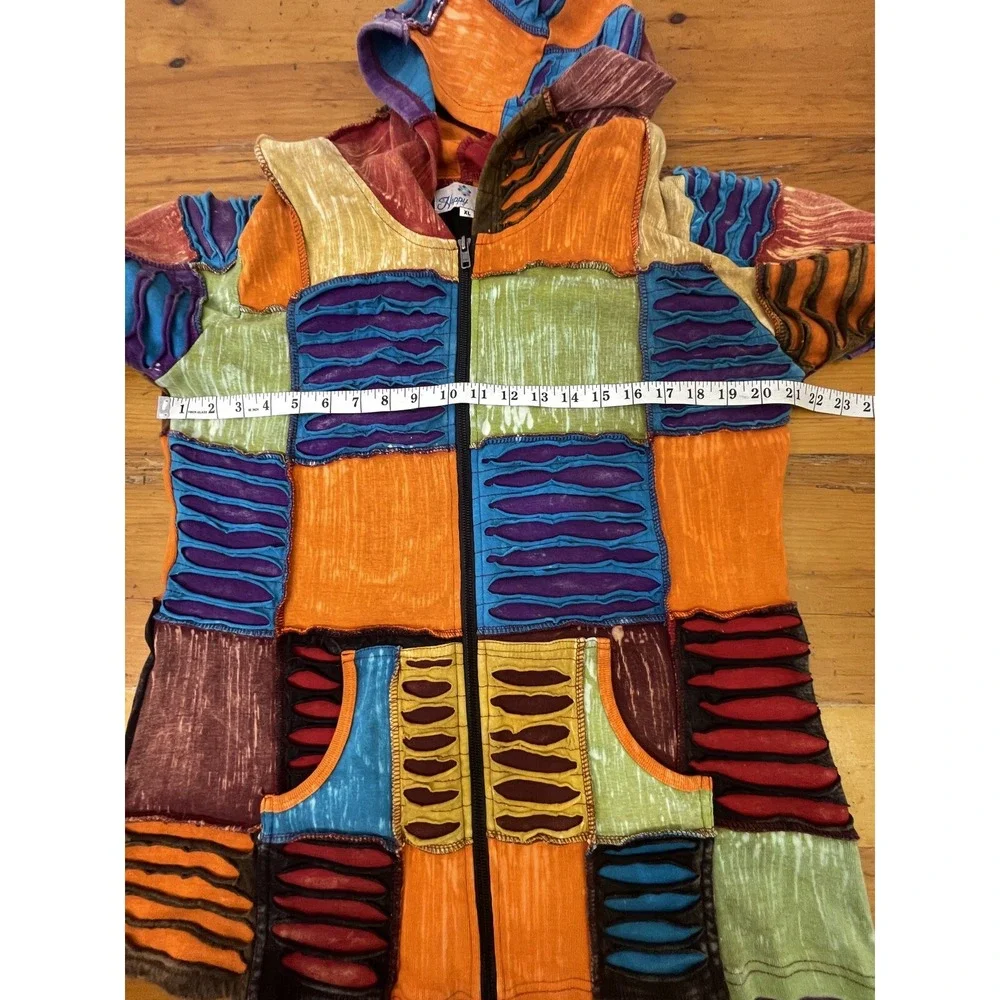 Happy Colors‎ Womens XL Jacket Hoodie Multicolor Patchwork Boho Hippy Distressed